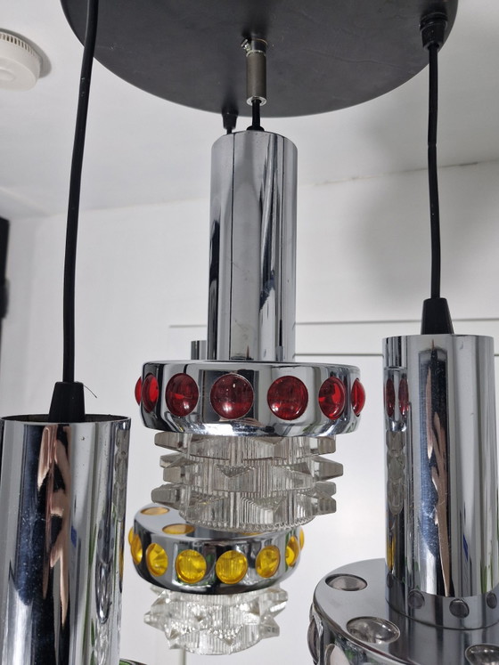 Pendant lamp with four light points, chrome, textured glass and colored accents, Space Age, Ceiling lights (photo 7 of 15)