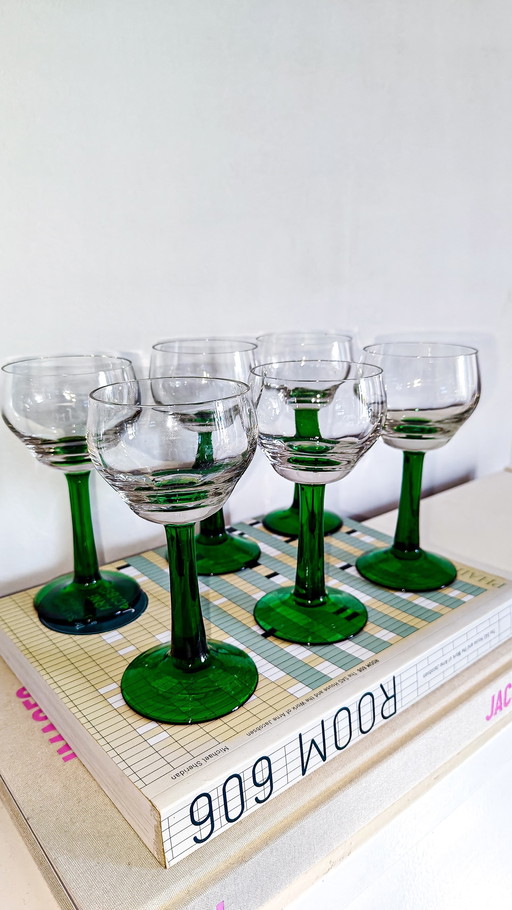 6x Vintage German/Mosel Wine Glasses Green Stem