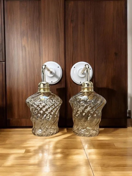 Set Of 2 Vintage Gold Glass Wall Sconces