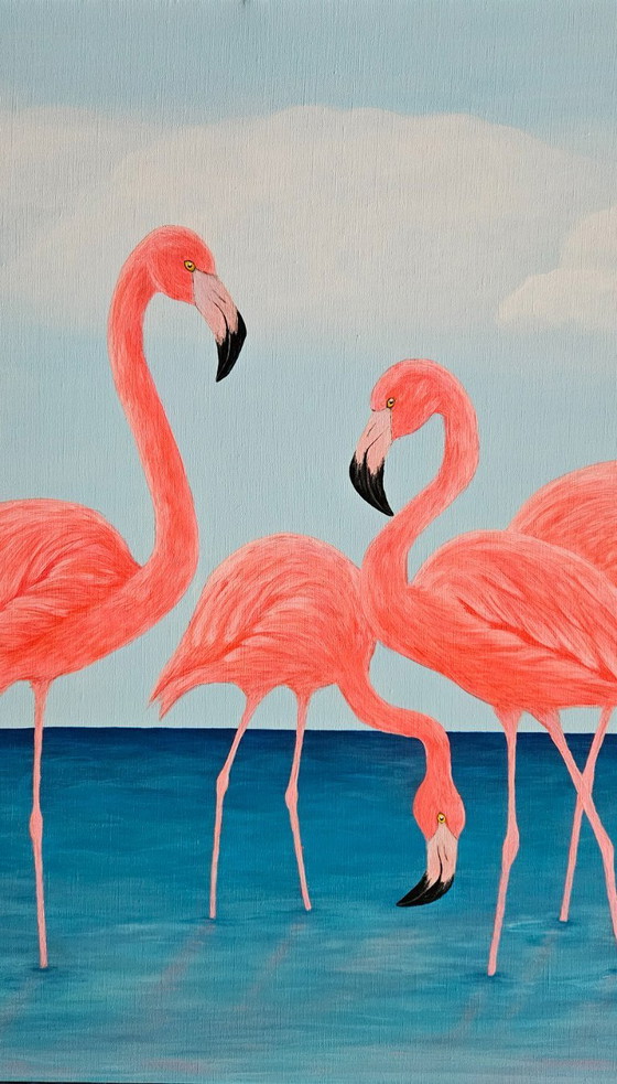 Image 1 of Large flamingo painting handmade with acrylic paint directly from the artist