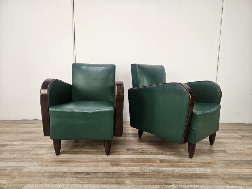 Coppia di poltrone Art Déco in noce e pelle verde, 1940 – fauteuils, Wood