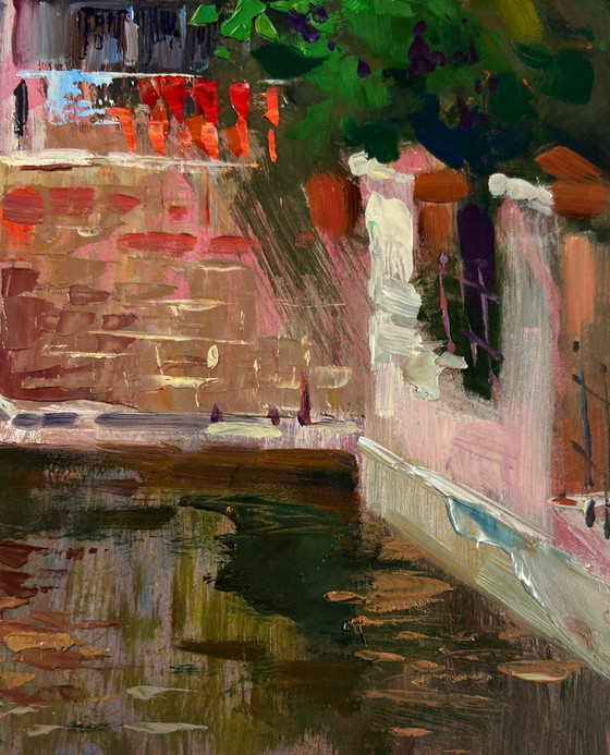 Image 1 of Original Oil Painting River Street Landscape City in the reflection of water