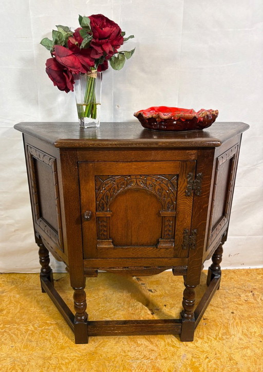 Vintage Old Charm Furniture Canted Side Cabinet by Wood Brothers (Circa 1970) A charming and beautifully crafted vintage canted