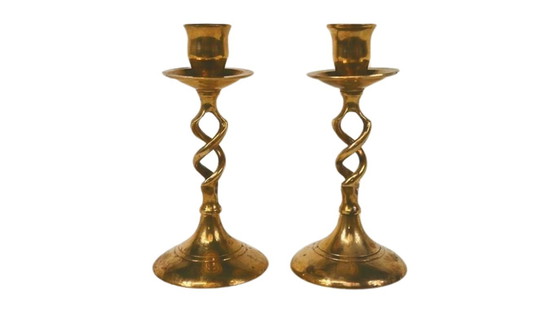 Image 1 of Vintage messing kandelaars set – gedraaide spiraal – mid century stijl