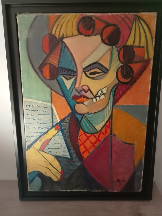 Image 1 of Oil on canvas, Cubism, American box frame, The Woman with Curlers Undressed, signed Calezis
