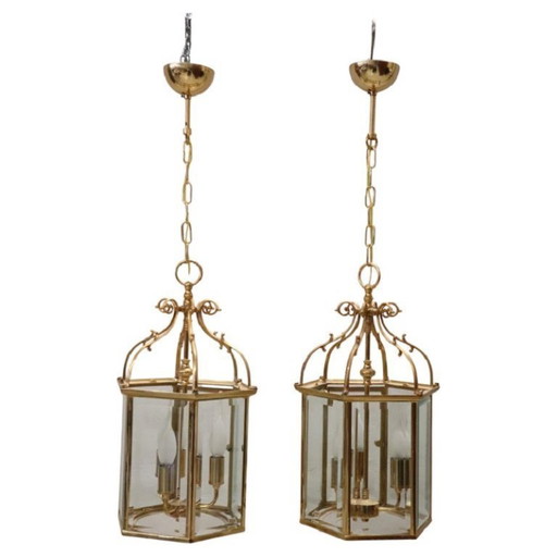 Pair of Vintage Gilt Metal and Glass Lanterns