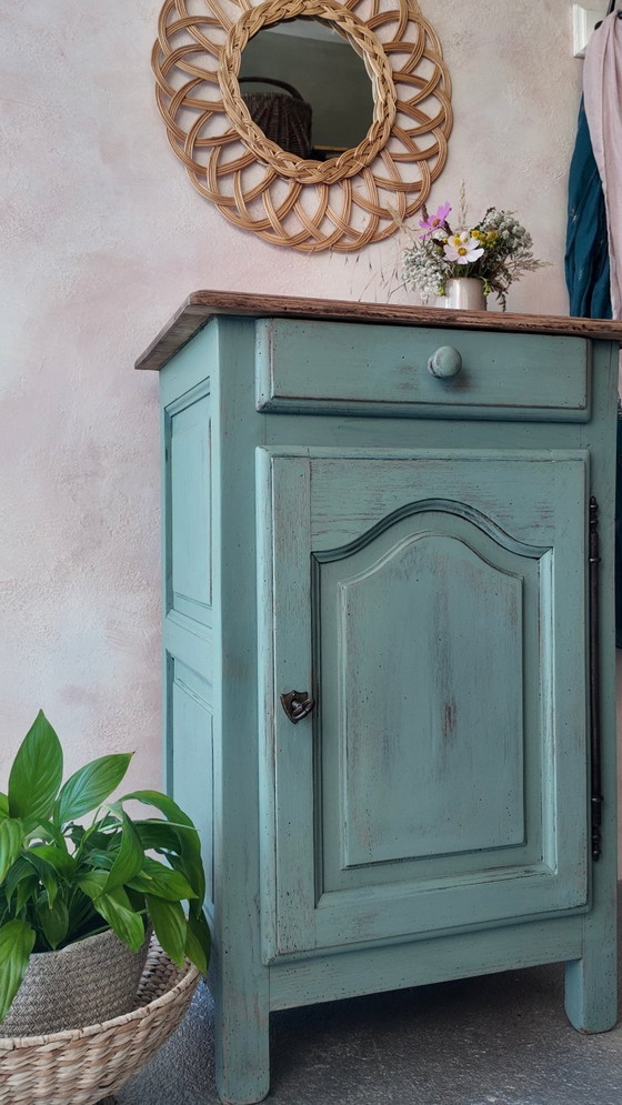 Image 1 of Antique jam cupboard with a sage green patina and solid wood finish