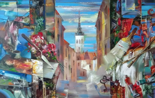 Original Oil Painting Abstract Expressionism Landscape Symbolism City View – schilderijen tekeningen, Canvas