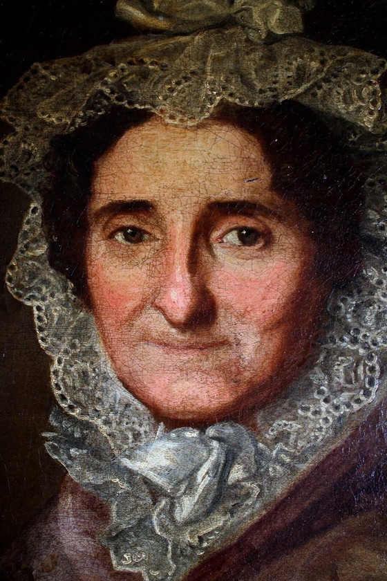 Image 1 of Tableau à l'huile ancien encadré d'or représentant le portrait d'une dame au chapeau