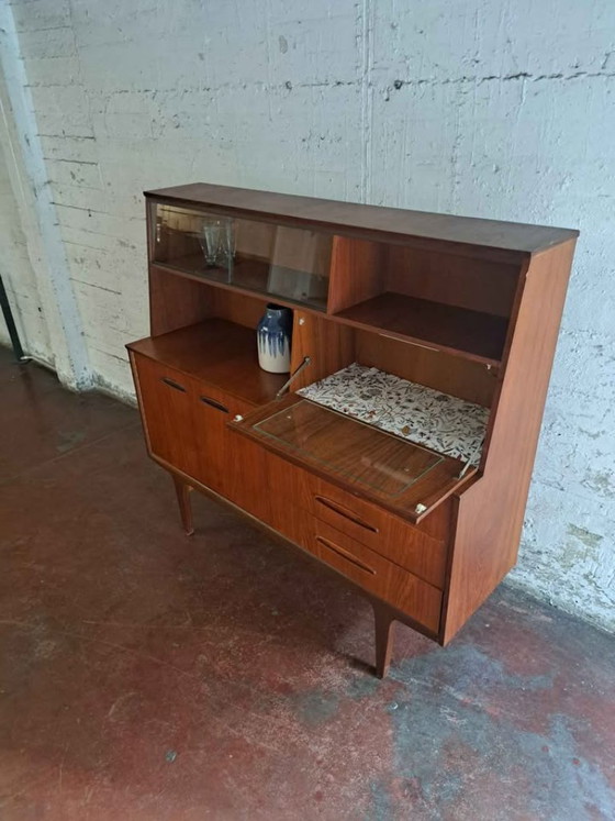English Jentique Teak High Board with Bar/Display Cabinet Space, Wood, Glass, Brown, Mid Century Modern (photo 5 of 6)