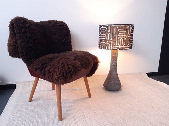 Image 1 of Vintage brutalist vloerlamp, bruin met turquoise lampvoet van chamotte klei met nieuwe handgemaakte lampenkap