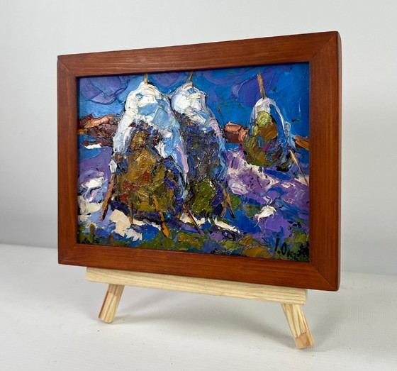 Image 1 of Original Oil Painting Winter Field Landscape Hay under the snow