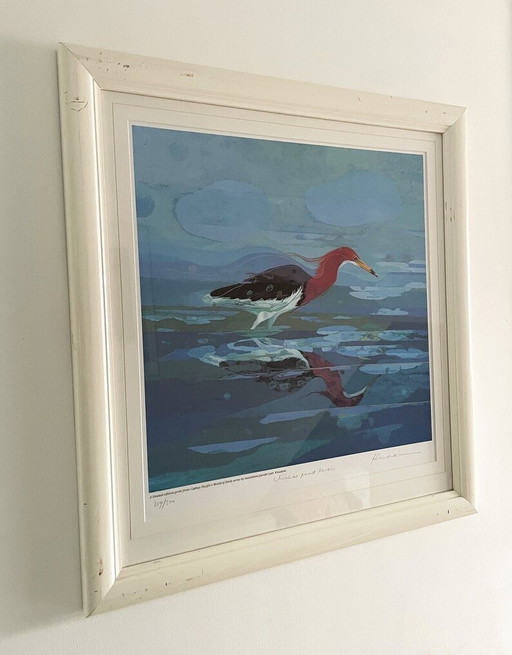 Litografía firmada de garza de estanque china por Lars Knudsen, impresión artística enmarcada