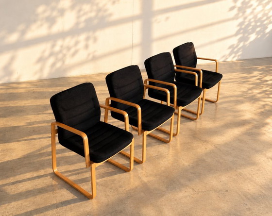 Set of four Dining chairs with wooden frame and black upholstery, Textile, Scandinavian (photo 9 of 10)