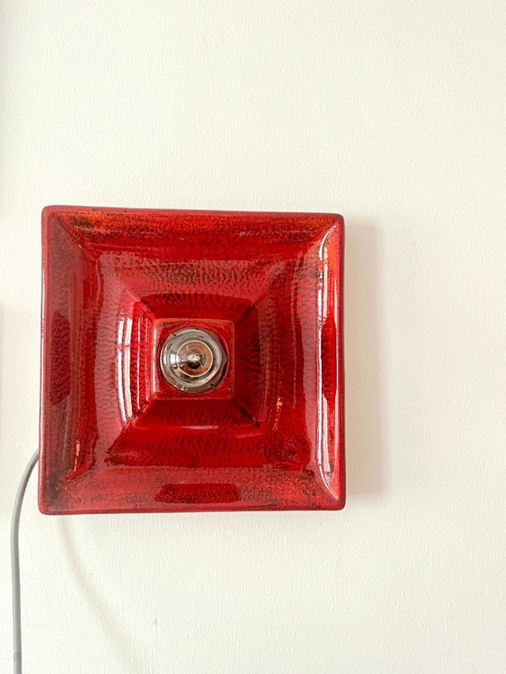 Image 1 of Vintage Square Red Ceramic Fat Lava Wall Lamp by Hustadt Leuchten, Germany, 1970s