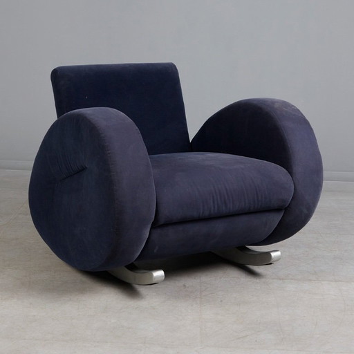 Bretz (Germany) — Rocking Chair / Armchair — Blue Velvet Upholstery — 1980s — Statement Lounge Icon