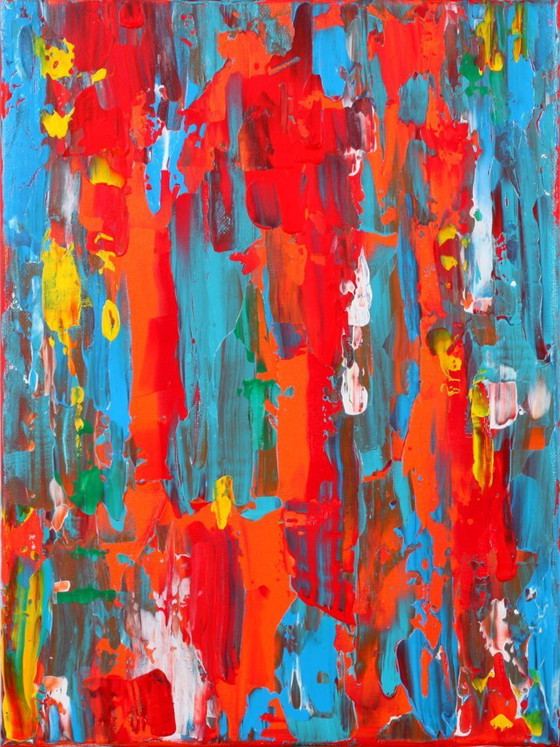 Image 1 of Abstract Red, Orange and Blue original painting on stretched canvas