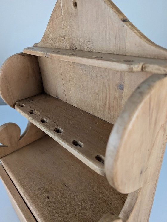 Image 1 of Hand-Carved Folk Art Pine Cutlery Rack with Drawer, 1950s