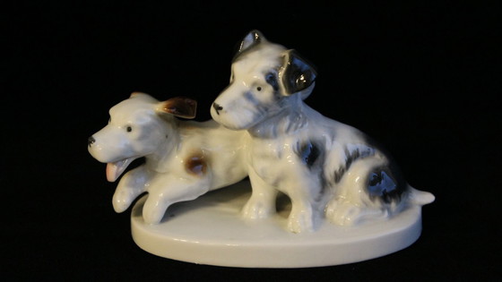 Image 1 of Set van twee hondenbeeldjes, terriërs, porselein, ongemerkt, onbeschadigd, vintage
