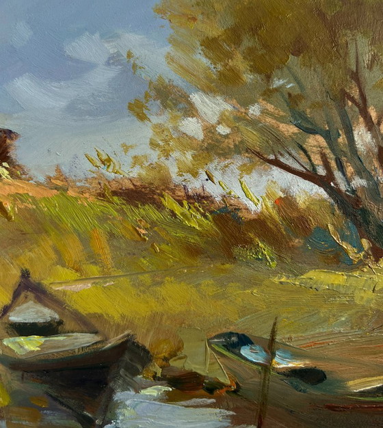 Image 1 of Origineel olieverfschilderij: Zomers kustlandschap, zomerse rust aan de rivier