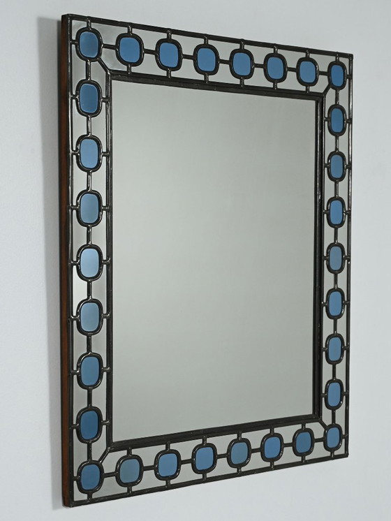 Image 1 of Scandinavian Mirror with light-blue leaded-glass frame