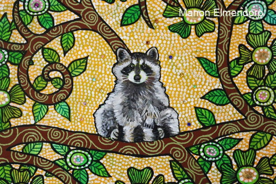 Image 1 of 100% Hand-Painted Little Raccoon Painting New 24x18cm