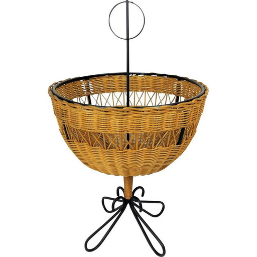 Vintage rattan basket on 4 black lacquered metal legs, 1950