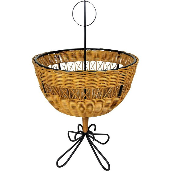 Image 1 of Vintage rattan basket on 4 black lacquered metal legs, 1950