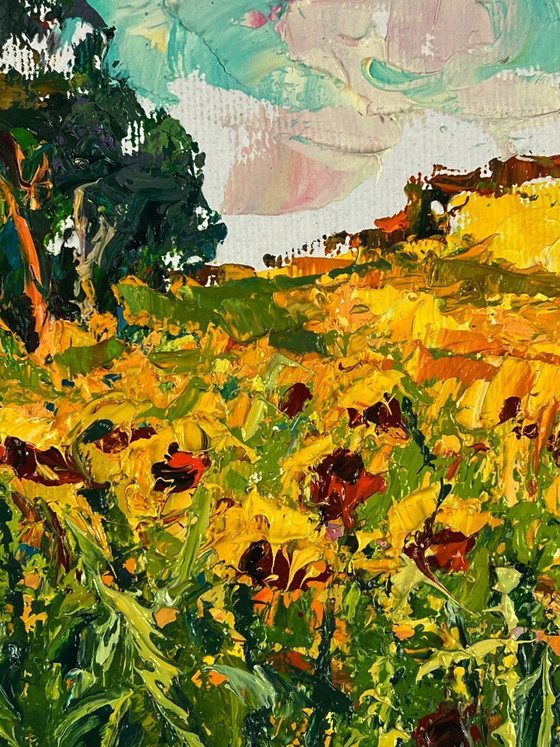 Image 1 of Peinture à l'huile originale, paysage naturel, tournesols d'été dans un champ