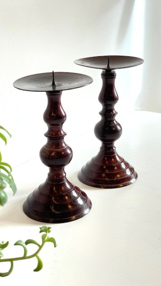 Image 1 of Vintage Patinated Metal Candlesticks