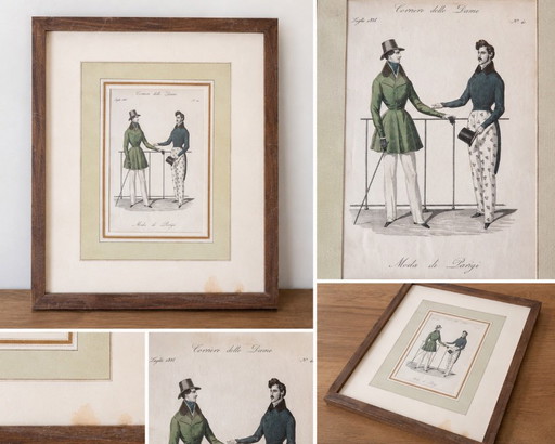 Antieke Handgekleurde Modeprent 1835 – Corriere Delle Dame – Ingelijst – lithos zeefdrukken, Glass, Paper