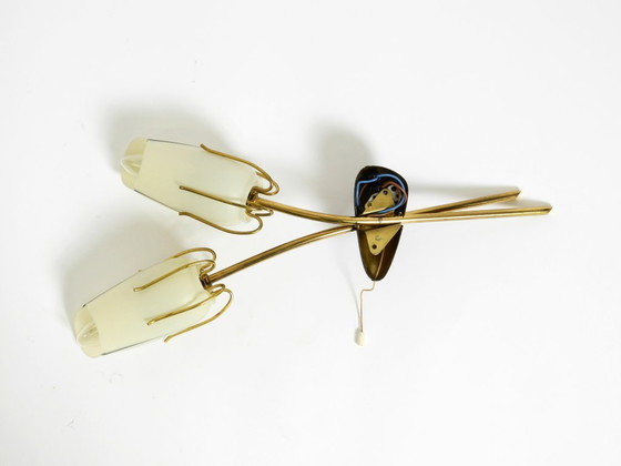Image 1 of Wunderschöne, extrem seltene Messingwandlampe aus der Mitte des 20. Jahrhunderts mit bemalten Glasschirmen