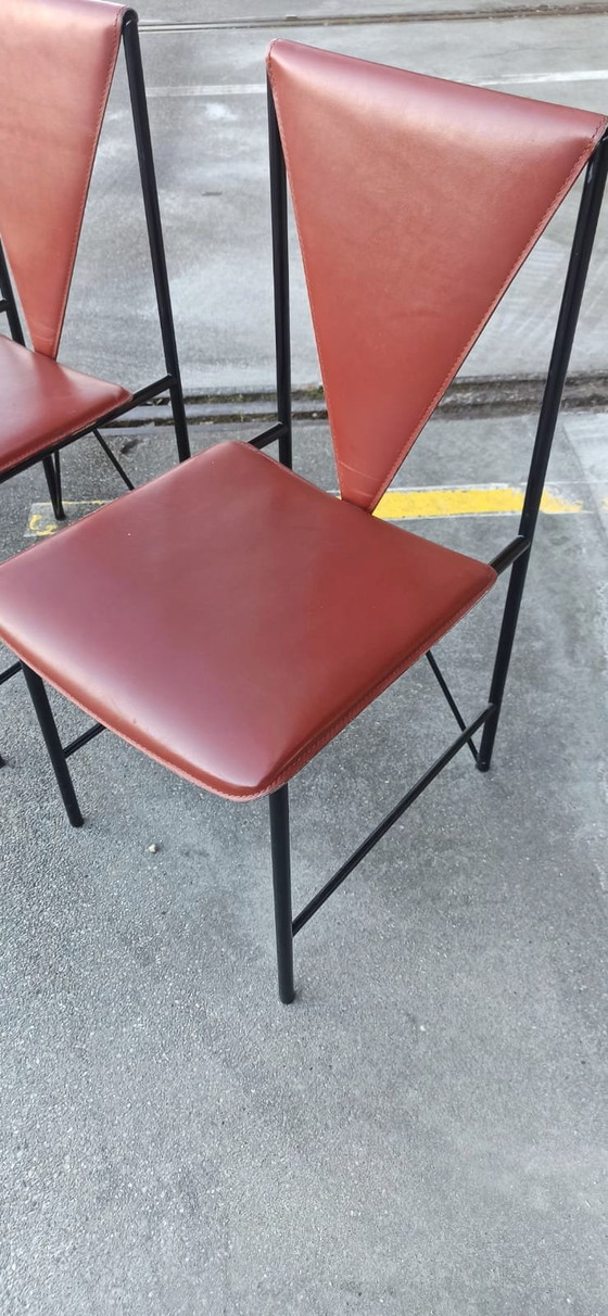 Image 1 of 4 x Vintage Postmoderne Leren Eetkamerstoelen