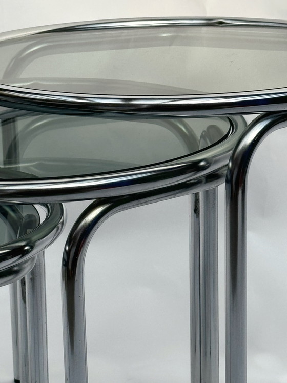 Image 1 of Vintage Space Age Nesting Tables in Chrome and Smoked Glass, 1970s/1980s