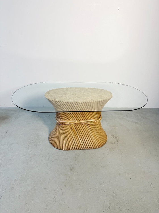 Image 1 of McGuire-Esstisch „Sheaf of Wheat“ aus Rattan und Glas aus den 1970er Jahren