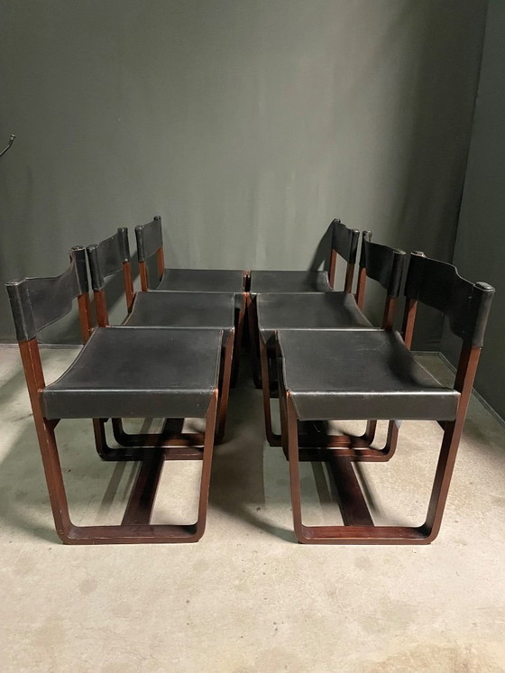 Image 1 of SET VON 6 GUNTHER HOFFSTEAD LEATHER, ROSEWOOD CHAIRS FOR UNIFLEX 1960's.