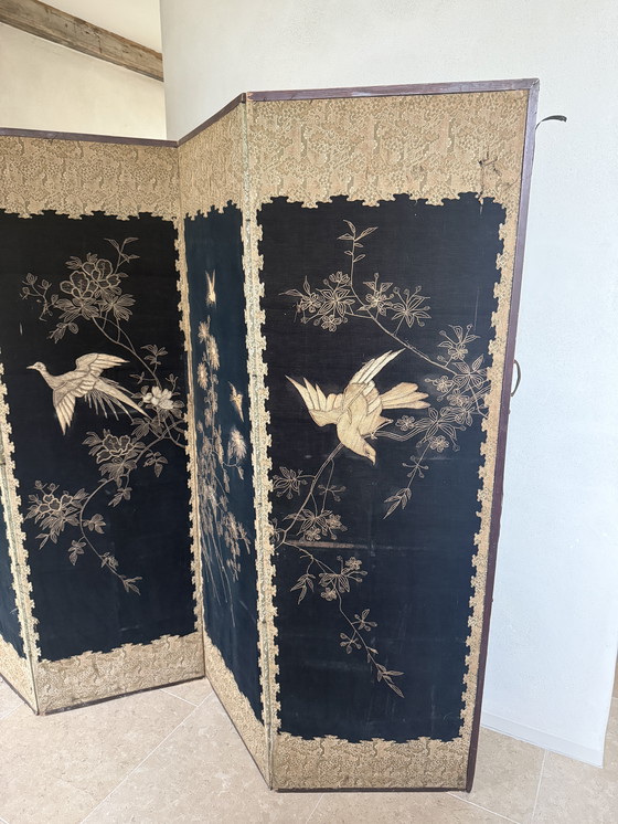 Image 1 of Antique Chinese embroidered chinoiserie folding screen ca. 1885