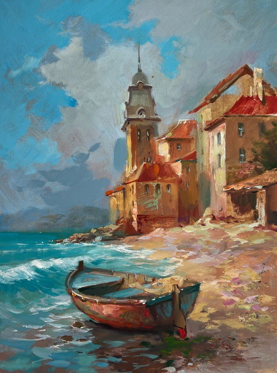Image 1 of Original Oil Painting Summer City Landscape A quiet pier near the city