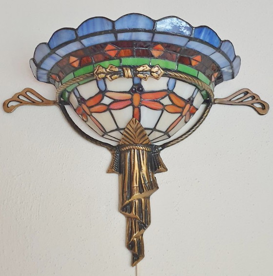 Image 1 of Unieke oude tiffany / glas in lood wandlamp met Dragonfly's
