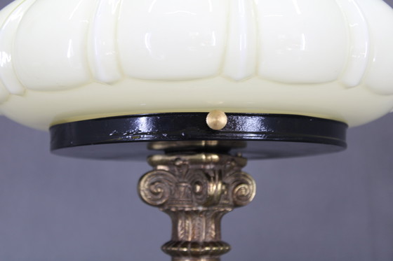 Image 1 of 1940s Restored Brass Table Lamp with Wooden Base and Glass Shade