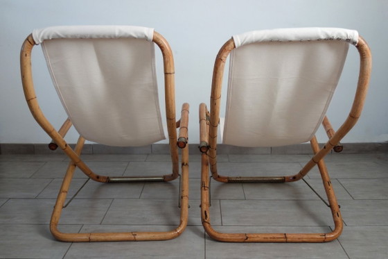 Paar klappbare Liegestühle aus Bambus und Messing, Italien, 1960er Jahre – Klappstühle, Textile, Canvas (photo 4 of 15)