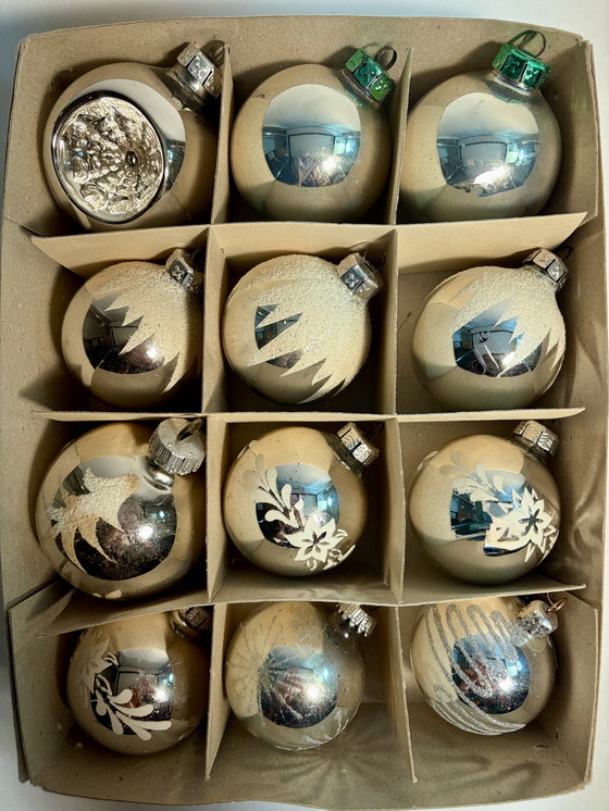 Image 1 of 12x zilveren glazen vintage kerstballen 