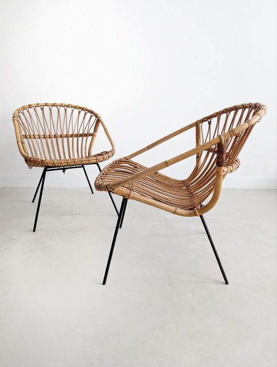 Image 1 of Ensemble de 2 chaises longues en rotin 1960