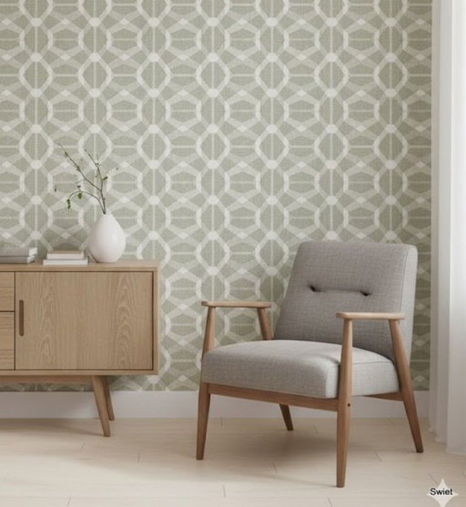 14292 Retro Geometrisch Behang Grijsgroen Wit Vintage