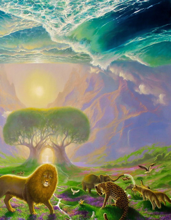 Original Oil Painting Nature Landscape Fantasy Animals Creation of the World – Paintings & Drawings, Canvas (photo 3 of 8)