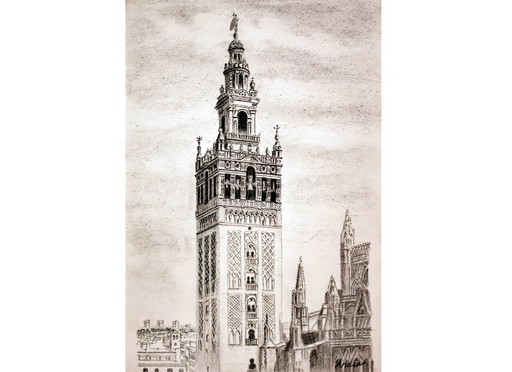 Charcoal drawing of the Giralda of Seville. Giralda of Seville, Spain. Seville Giralda drawing. New.