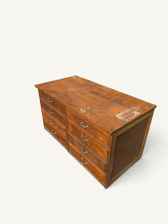 Antieke eikenhouten werkplaatskast met acht laden – Ladekasten, Metal, Wood (photo 3 of 5)