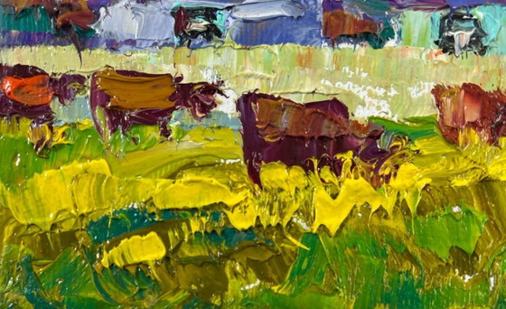 Image 1 of Original Oil Painting Summer Village Landscape The herd returns