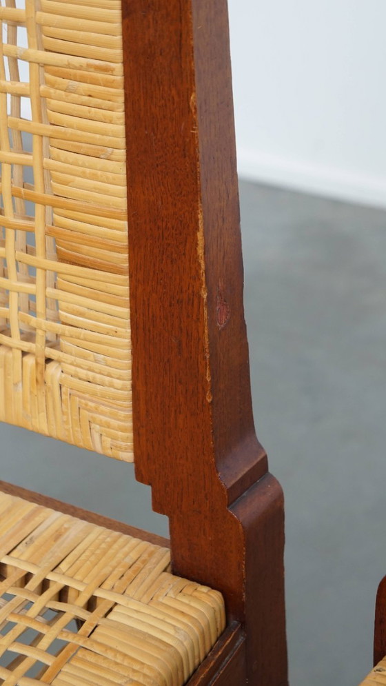 Image 1 of 6 x Sedia da pranzo in legno dal design Art Déco con seduta e schienale in vimini