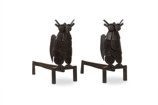 Pair De Chenets En Fer, Representing An Owl. Circa 1950.